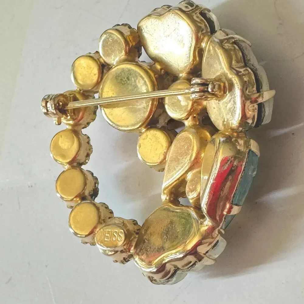 Rudolph Weiss Fruit Salad Glass Leaves AB Rhinestone Gold Wreath Pin Brooch